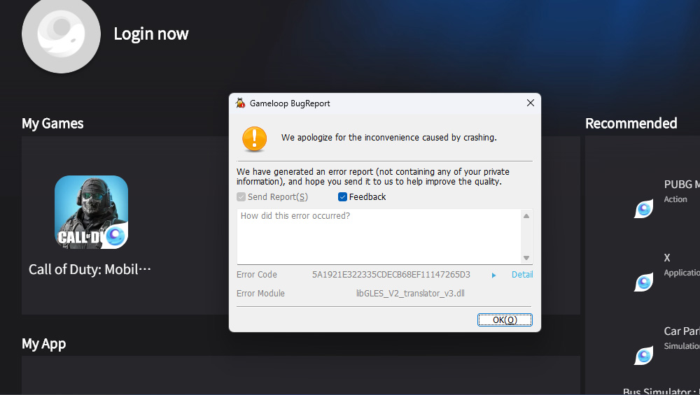 Gameloop BugReport: libGLES_V2_translator_v3.dll in Call of Duty: Mobile