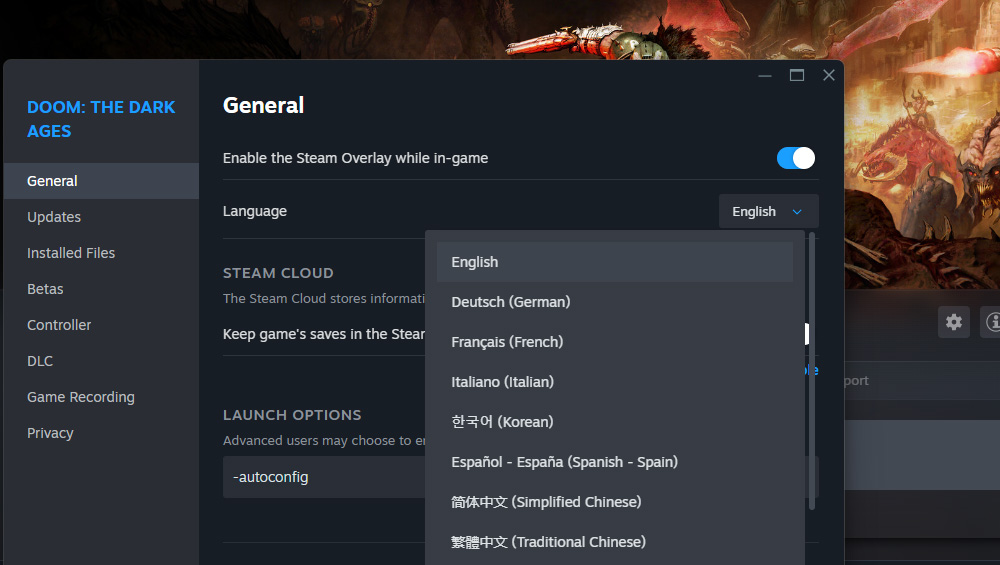 Change Language in Doom: The Dark Ages