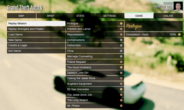 Menu > Game > Replay Mission in GTA 5