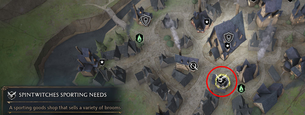 How to get Flying Broom in Hogwarts Legacy - Spintwitches Sporting Needs in Hogsmeade - Map - Broom Vendor